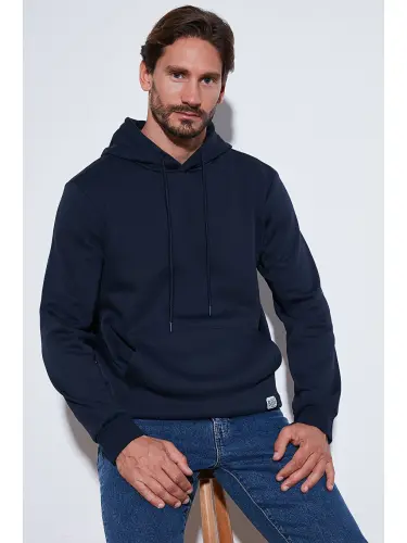 Slim Fit Kapüşonli Kanguru Cho'ntakli Ichki Tulli Yumshoq Shardonli Erkak Hoodie 5905281-Lochivert - 1