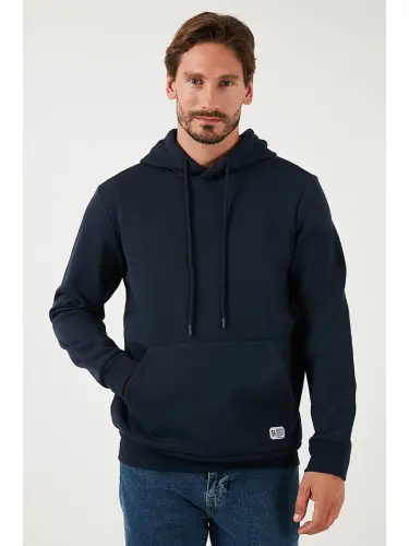 Slim Fit Kapüşonli Kanguru Cho'ntakli Ichki Tulli Yumshoq Shardonli Erkak Hoodie 5905281-Lochivert - 4