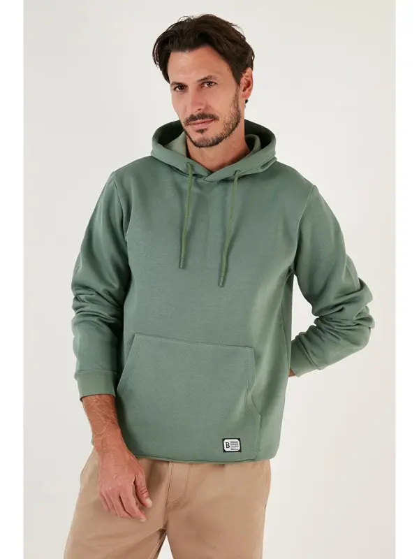 Slim Fit Kapüşonli Kanguru Cho'ntakli Ichki Tulli Yumshoq Shardonli Erkak Hoodie 5905281-Yashil - 1