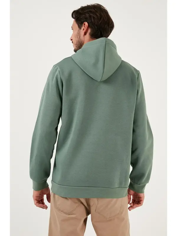 Slim Fit Kapüşonli Kanguru Cho'ntakli Ichki Tulli Yumshoq Shardonli Erkak Hoodie 5905281-Yashil - 5