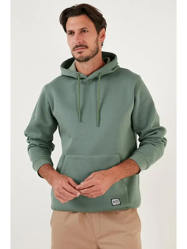 Slim Fit Kapüşonli Kanguru Cho'ntakli Ichki Tulli Yumshoq Shardonli Erkak Hoodie 5905281-Yashil - 2