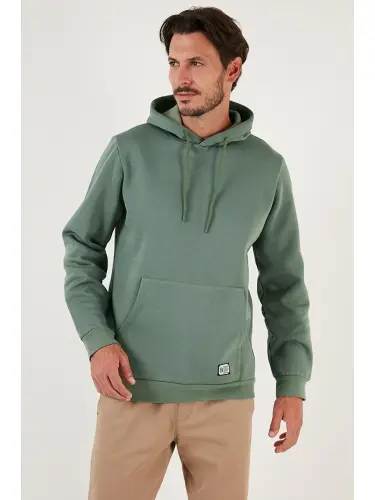 Slim Fit Kapüşonli Kanguru Cho'ntakli Ichki Tulli Yumshoq Shardonli Erkak Hoodie 5905281-Yashil - 4