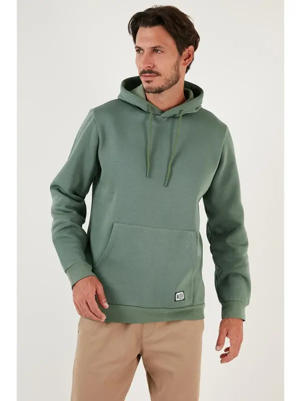 Slim Fit Kapüşonli Kanguru Cho'ntakli Ichki Tulli Yumshoq Shardonli Erkak Hoodie 5905281-Yashil - 4