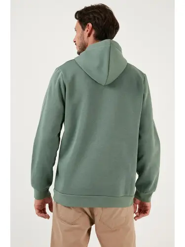 Slim Fit Kapüşonli Kanguru Cho'ntakli Ichki Tulli Yumshoq Shardonli Erkak Hoodie 5905281-Yashil - 5