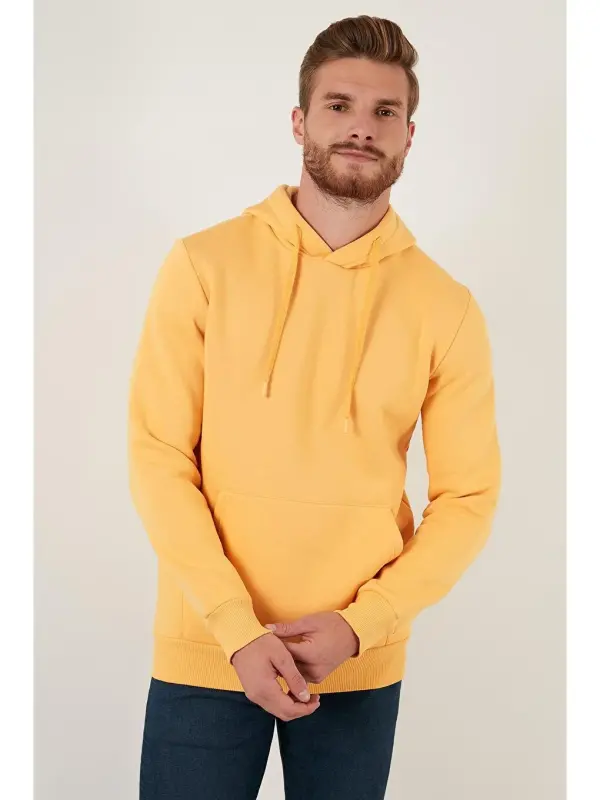 Slim Fit Kapüşonli Kanguru Cho'ntakli Ichki Tulli Yumshoq Shardonli Sweat 5905281-Sari - 5