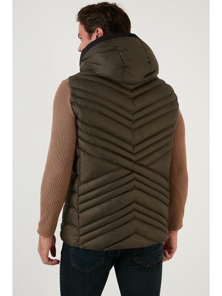 Haki Slim Fit Kapüşonlu Dik Yaka Cepli Şişme Yelek 6274910-Haki - 5