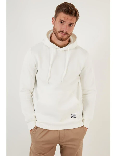 Ekru Slim Fit Kapüşonlu Kanguru Cepli İçi Tüylü Yumuşak Şardonlu Erkek Hoodie 5905281-Ekru - 3