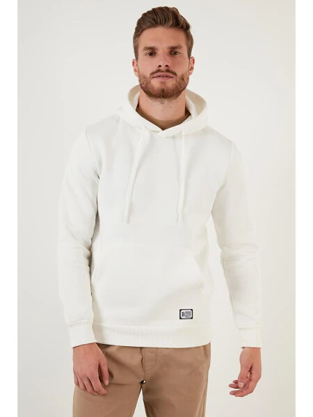 Ekru Slim Fit Kapüşonlu Kanguru Cepli İçi Tüylü Yumuşak Şardonlu Erkek Hoodie 5905281-Ekru - 4
