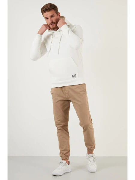 Ekru Slim Fit Kapüşonlu Kanguru Cepli İçi Tüylü Yumuşak Şardonlu Erkek Hoodie 5905281-Ekru - 5