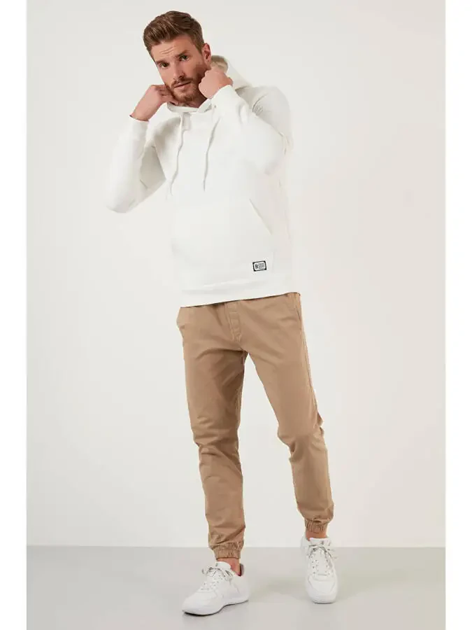 Ekru Slim Fit Kapüşonlu Kanguru Cepli İçi Tüylü Yumuşak Şardonlu Erkek Hoodie 5905281-Ekru - 5