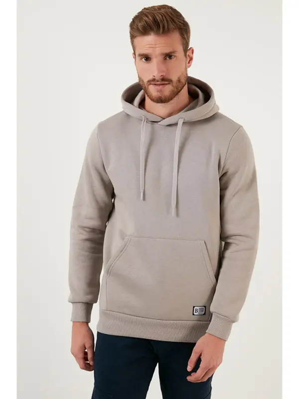 Antrasit Slim Fit Kapüşonlu Kanguru Cepli İçi Tüylü Yumuşak Şardonlu Erkek Hoodie 5905281-Antrasit - 2