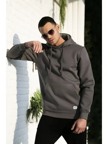 Antrasit Slim Fit Kapüşonlu Kanguru Cepli İçi Tüylü Yumuşak Şardonlu Erkek Hoodie 5905281-Antrasit - 1