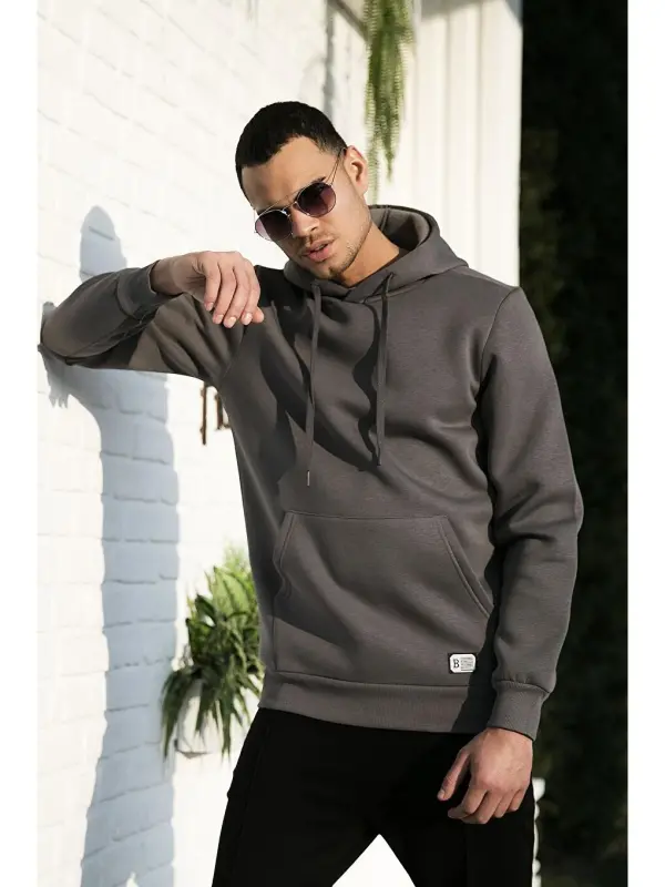Antrasit Slim Fit Kapüşonlu Kanguru Cepli İçi Tüylü Yumuşak Şardonlu Erkek Hoodie 5905281-Antrasit - 1