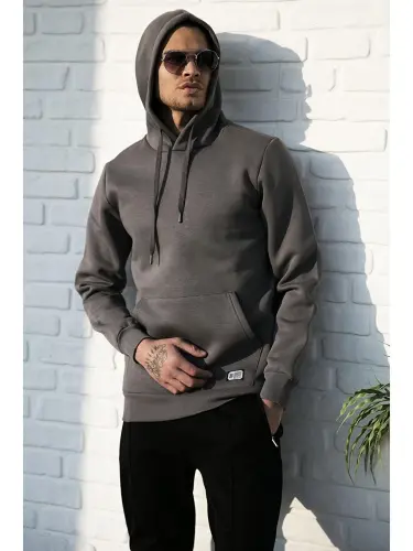 Antrasit Slim Fit Kapüşonlu Kanguru Cepli İçi Tüylü Yumuşak Şardonlu Erkek Hoodie 5905281-Antrasit - LC WAIKIKI (1)