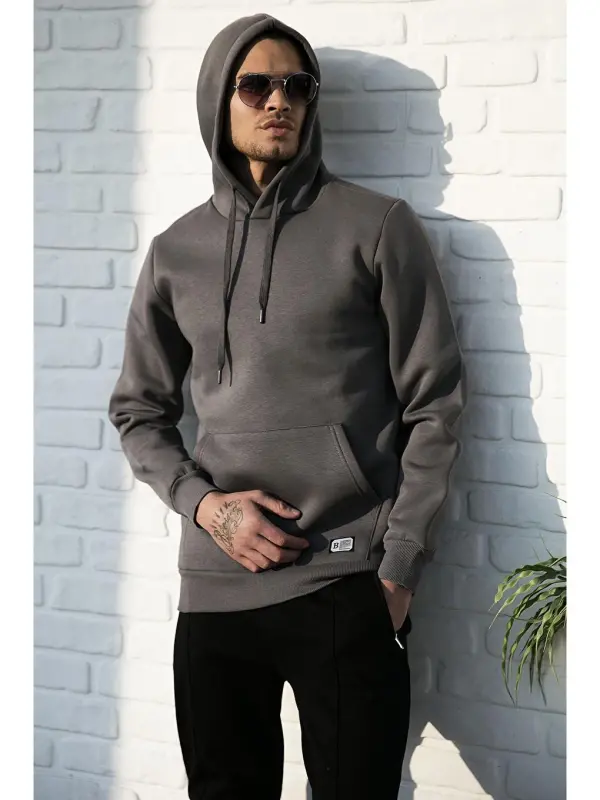 Antrasit Slim Fit Kapüşonlu Kanguru Cepli İçi Tüylü Yumuşak Şardonlu Erkek Hoodie 5905281-Antrasit - 2