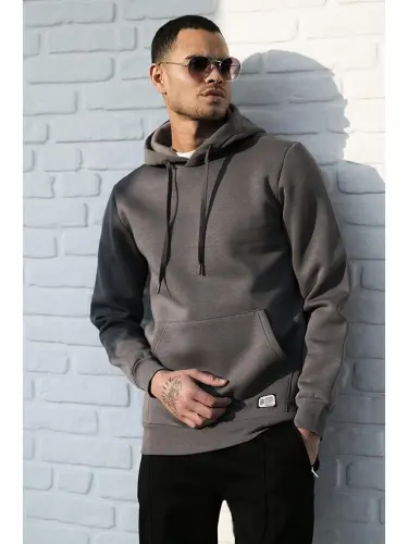 Antrasit Slim Fit Kapüşonlu Kanguru Cepli İçi Tüylü Yumuşak Şardonlu Erkek Hoodie 5905281-Antrasit - 3