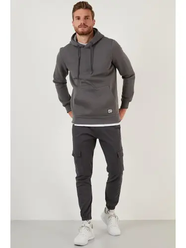 Antrasit Slim Fit Kapüşonlu Kanguru Cepli İçi Tüylü Yumuşak Şardonlu Erkek Hoodie 5905281-Antrasit - 5