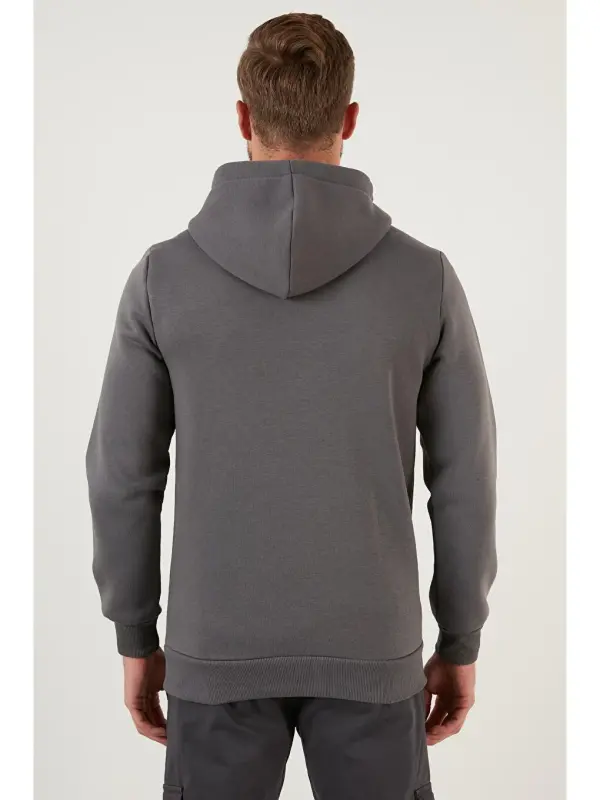 Antrasit Slim Fit Kapüşonlu Kanguru Cepli İçi Tüylü Yumuşak Şardonlu Erkek Hoodie 5905281-Antrasit - 7