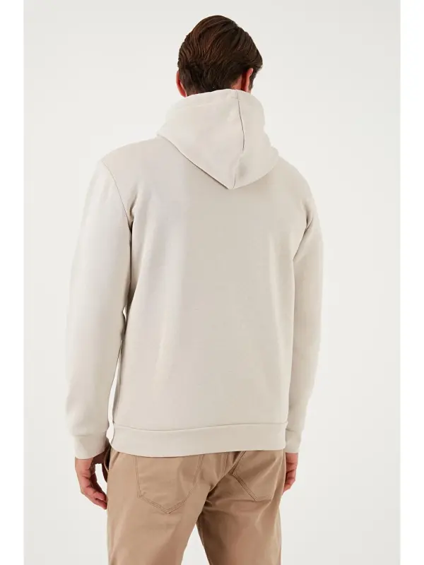 Bej Slim Fit Kapüşonlu Kanguru Cepli İçi Tüylü Yumuşak Şardonlu Erkek Hoodie 5905281-Bej - 6