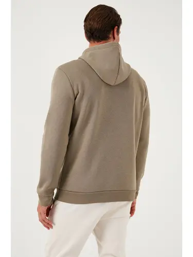 Bej Slim Fit Kapüşonlu Kanguru Cepli İçi Tüylü Yumuşak Şardonlu Erkek Hoodie 5905281-Bej - 6