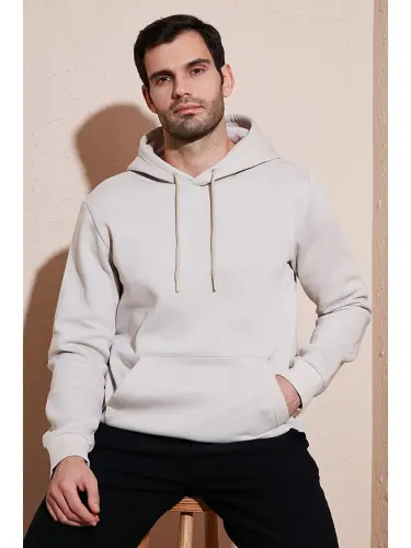 Slim Fit Kapüşonlu Kanguru Cepli İçi Tüylü Yumuşak Şardonlu Erkek Hoodie 5905281-Ekru 