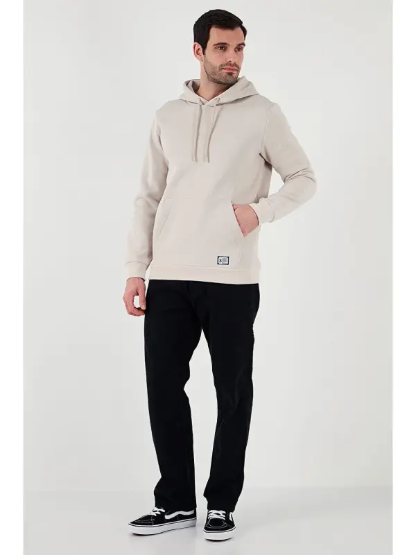 Ekru Slim Fit Kapüşonlu Kanguru Cepli İçi Tüylü Yumuşak Şardonlu Erkek Hoodie 5905281-Ekru - 2