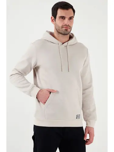 Ekru Slim Fit Kapüşonlu Kanguru Cepli İçi Tüylü Yumuşak Şardonlu Erkek Hoodie 5905281-Ekru - 3