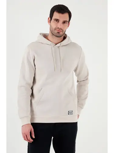 Ekru Slim Fit Kapüşonlu Kanguru Cepli İçi Tüylü Yumuşak Şardonlu Erkek Hoodie 5905281-Ekru - 4