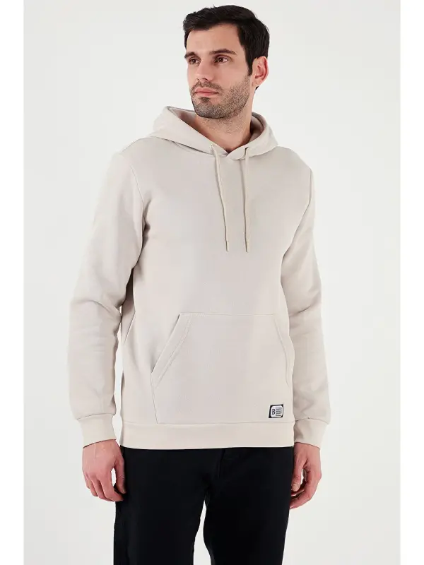 Ekru Slim Fit Kapüşonlu Kanguru Cepli İçi Tüylü Yumuşak Şardonlu Erkek Hoodie 5905281-Ekru - 6