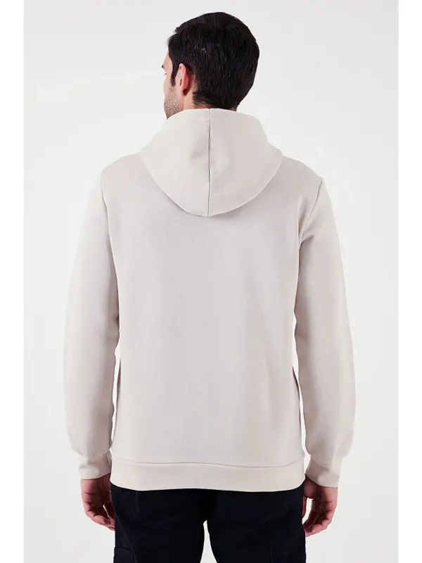 Ekru Slim Fit Kapüşonlu Kanguru Cepli İçi Tüylü Yumuşak Şardonlu Erkek Hoodie 5905281-Ekru - 7