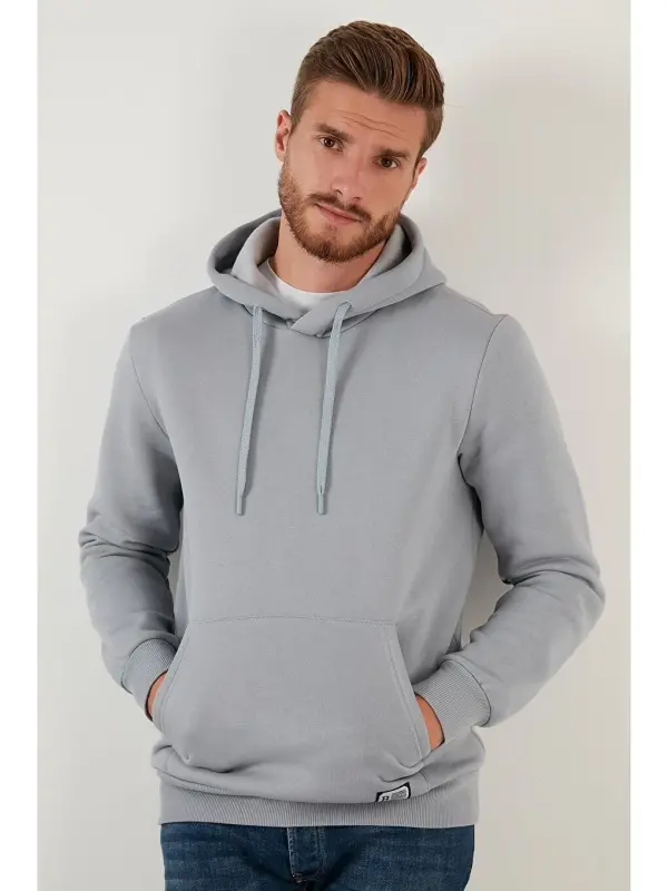 Gri Slim Fit Kapüşonlu Kanguru Cepli İçi Tüylü Yumuşak Şardonlu Erkek Hoodie 5905281-Gri - 2