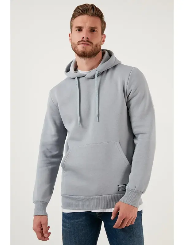 Gri Slim Fit Kapüşonlu Kanguru Cepli İçi Tüylü Yumuşak Şardonlu Erkek Hoodie 5905281-Gri - 4