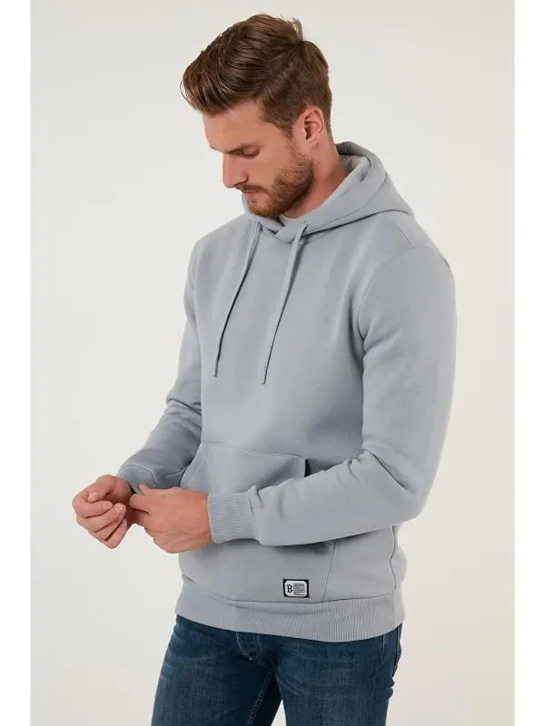Gri Slim Fit Kapüşonlu Kanguru Cepli İçi Tüylü Yumuşak Şardonlu Erkek Hoodie 5905281-Gri - 5