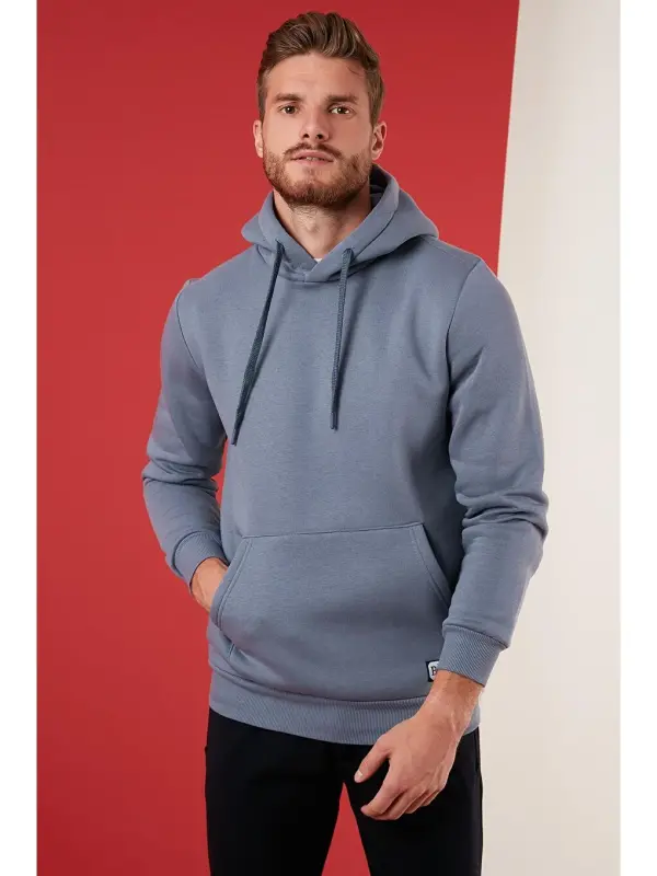 Gri Slim Fit Kapüşonlu Kanguru Cepli İçi Tüylü Yumuşak Şardonlu Erkek Hoodie 5905281-Gri - 1