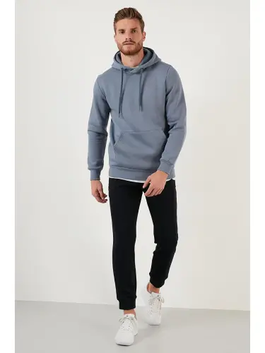 Gri Slim Fit Kapüşonlu Kanguru Cepli İçi Tüylü Yumuşak Şardonlu Erkek Hoodie 5905281-Gri - 4