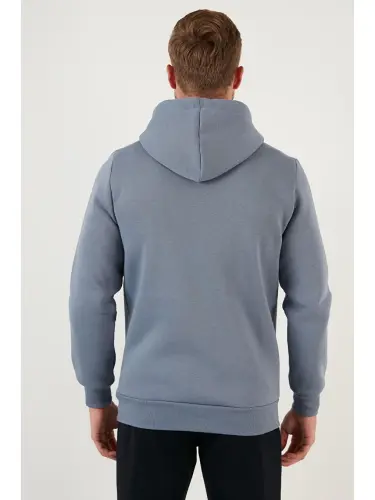 Gri Slim Fit Kapüşonlu Kanguru Cepli İçi Tüylü Yumuşak Şardonlu Erkek Hoodie 5905281-Gri - 5