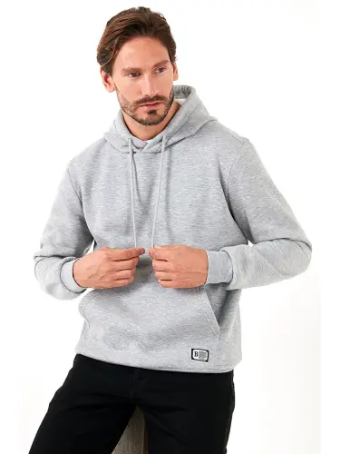 Gri Slim Fit Kapüşonlu Kanguru Cepli İçi Tüylü Yumuşak Şardonlu Erkek Hoodie 5905281-Gri - 1