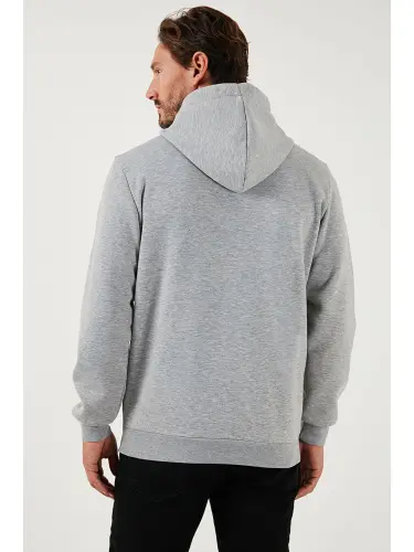 Gri Slim Fit Kapüşonlu Kanguru Cepli İçi Tüylü Yumuşak Şardonlu Erkek Hoodie 5905281-Gri - 7