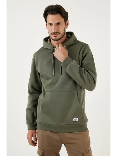 Haki Slim Fit Kapüşonlu Kanguru Cepli İçi Tüylü Yumuşak Şardonlu Erkek Hoodie 5905281-Haki - 1