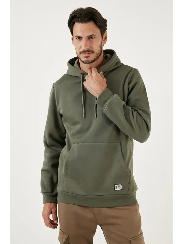 Haki Slim Fit Kapüşonlu Kanguru Cepli İçi Tüylü Yumuşak Şardonlu Erkek Hoodie 5905281-Haki - 1