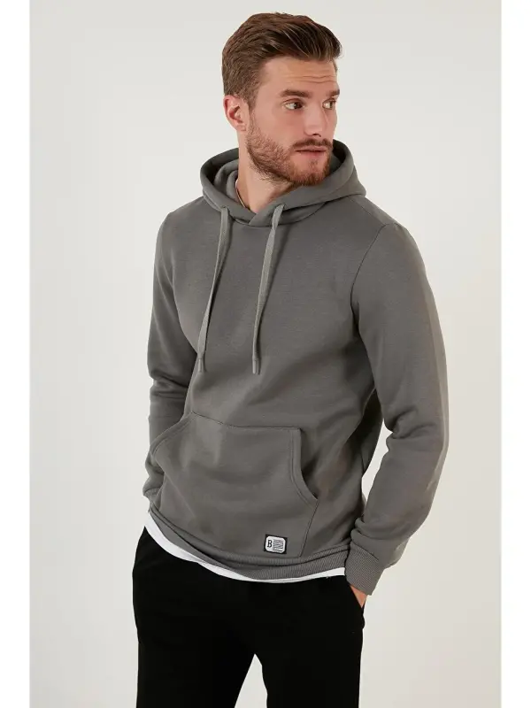 Haki Slim Fit Kapüşonlu Kanguru Cepli İçi Tüylü Yumuşak Şardonlu Erkek Hoodie 5905281-Haki - 1