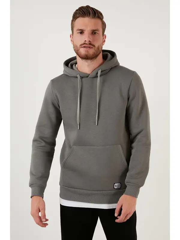Haki Slim Fit Kapüşonlu Kanguru Cepli İçi Tüylü Yumuşak Şardonlu Erkek Hoodie 5905281-Haki - 4