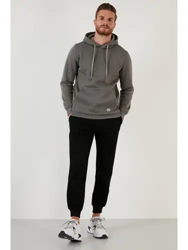 Haki Slim Fit Kapüşonlu Kanguru Cepli İçi Tüylü Yumuşak Şardonlu Erkek Hoodie 5905281-Haki - 5