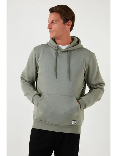 Haki Slim Fit Kapüşonlu Kanguru Cepli İçi Tüylü Yumuşak Şardonlu Erkek Hoodie 5905281-Haki - 7