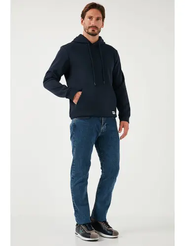 Lacivert Slim Fit Kapüşonlu Kanguru Cepli İçi Tüylü Yumuşak Şardonlu Erkek Hoodie 5905281-Lacivert - 3