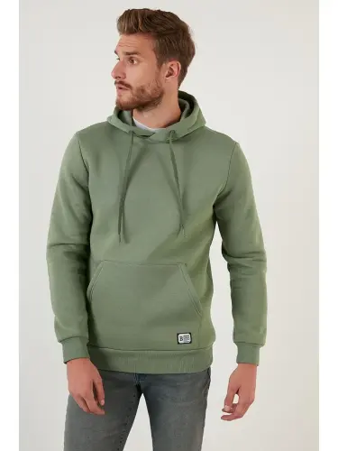Slim Fit Kapüşonlu Kanguru Cepli İçi Tüylü Yumuşak Şardonlu Erkek Hoodie 5905281-Turkuaz 
