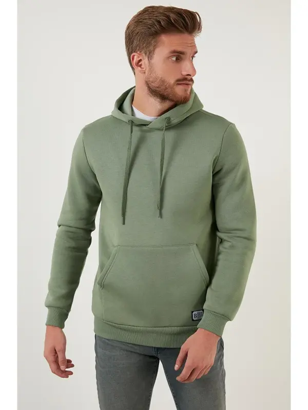Turkuaz Slim Fit Kapüşonlu Kanguru Cepli İçi Tüylü Yumuşak Şardonlu Erkek Hoodie 5905281-Turkuaz - 2