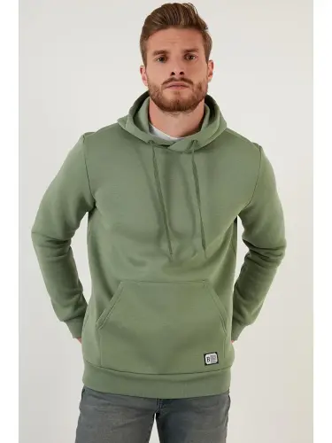 Turkuaz Slim Fit Kapüşonlu Kanguru Cepli İçi Tüylü Yumuşak Şardonlu Erkek Hoodie 5905281-Turkuaz - 3