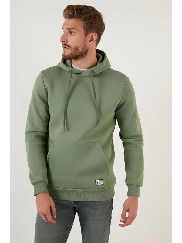 Slim Fit Kapüşonlu Kanguru Cepli İçi Tüylü Yumuşak Şardonlu Erkek Hoodie 5905281-Turkuaz - LC WAIKIKI