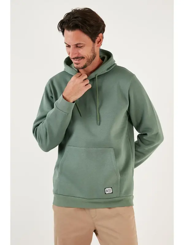Yeşil Slim Fit Kapüşonlu Kanguru Cepli İçi Tüylü Yumuşak Şardonlu Erkek Hoodie 5905281-Yeşil - 3